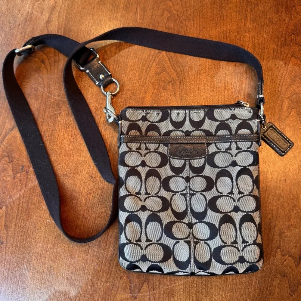 Coach Crossbody Bag Womens Small Black Grey Signature C Swingpack Monogram Slim
